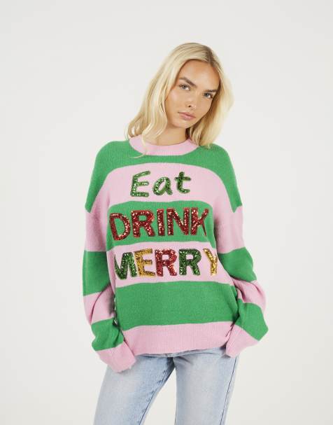 Brave Soul Sequin slogan christmas jumper in green - view 1