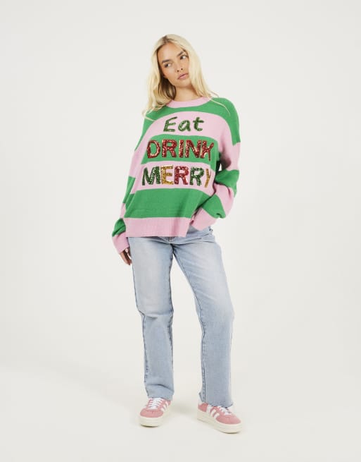 Brave Soul Sequin slogan christmas jumper in green, 3 of 4