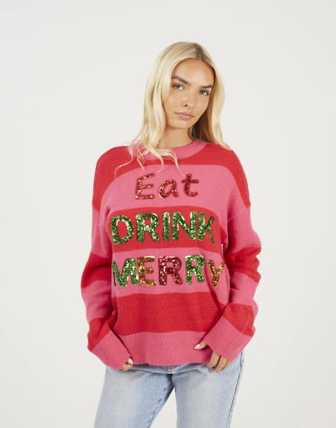 Brave Soul Sequin slogan christmas jumper in red - view 1