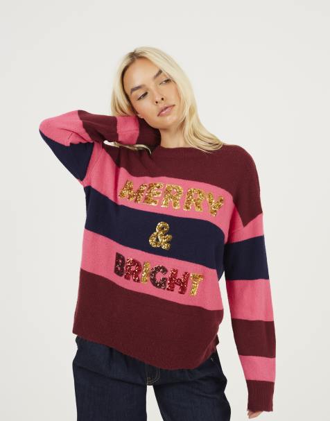 Brave Soul Sequin slogan christmas jumper in wine