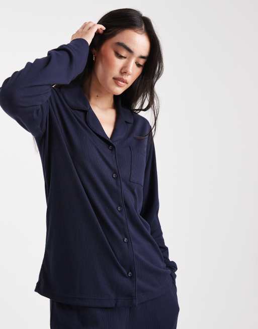 Brave Soul - Set pigiama morbidissimo con camicia abbottonata e pantaloni blu navy, 2 di 4