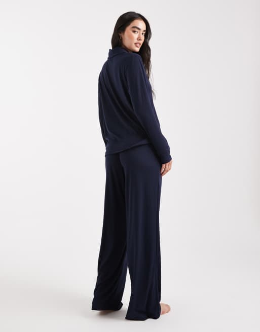 Brave Soul - Set pigiama morbidissimo con camicia abbottonata e pantaloni blu navy, 3 di 4