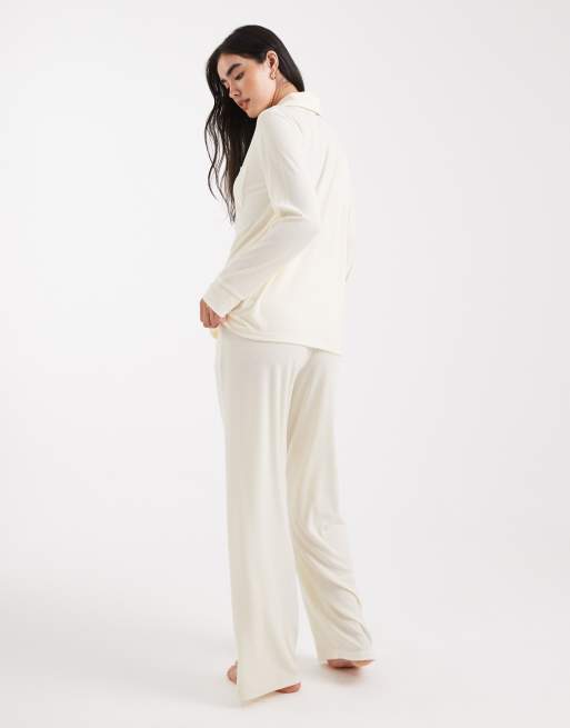 Brave Soul - Set pigiama morbidissimo con camicia abbottonata e pantaloni color crema, 4 di 4