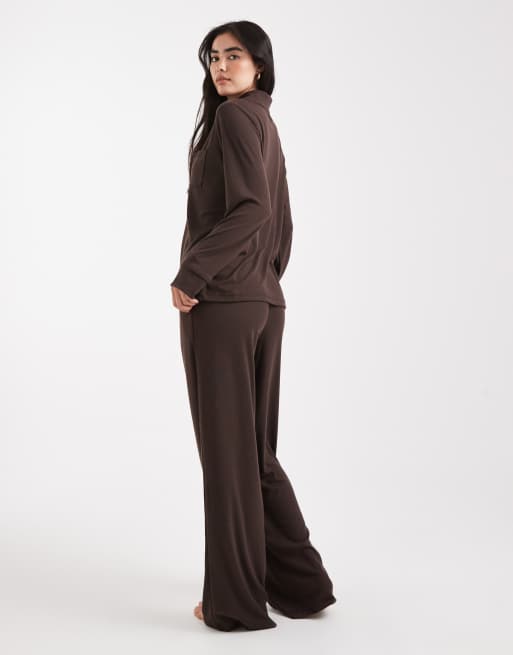 Brave Soul - Set pigiama morbidissimo con camicia abbottonata e pantaloni marrone cioccolato, 3 di 4