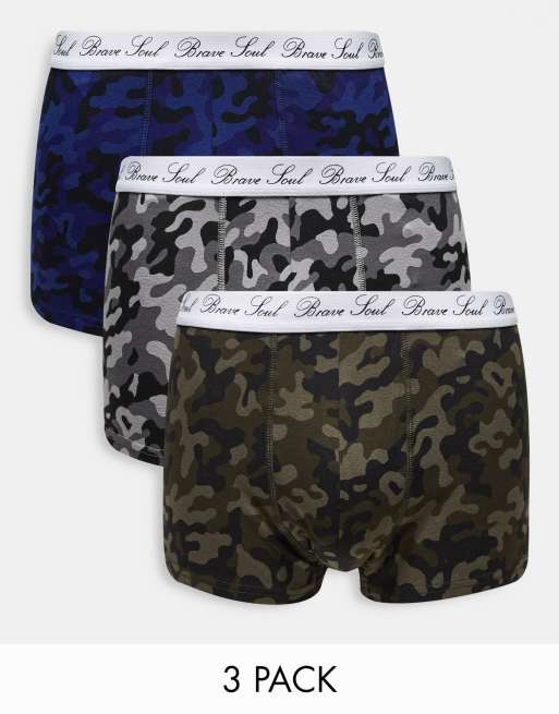 Brave Soul - Set van 3 boxershorts met logotailleband in marineblauw en grijze camoprint