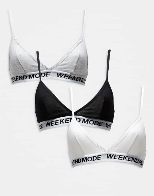 Brave Soul - Set van 3 triangel bralette's met contrasterende band met print in zwart, wit en grijs