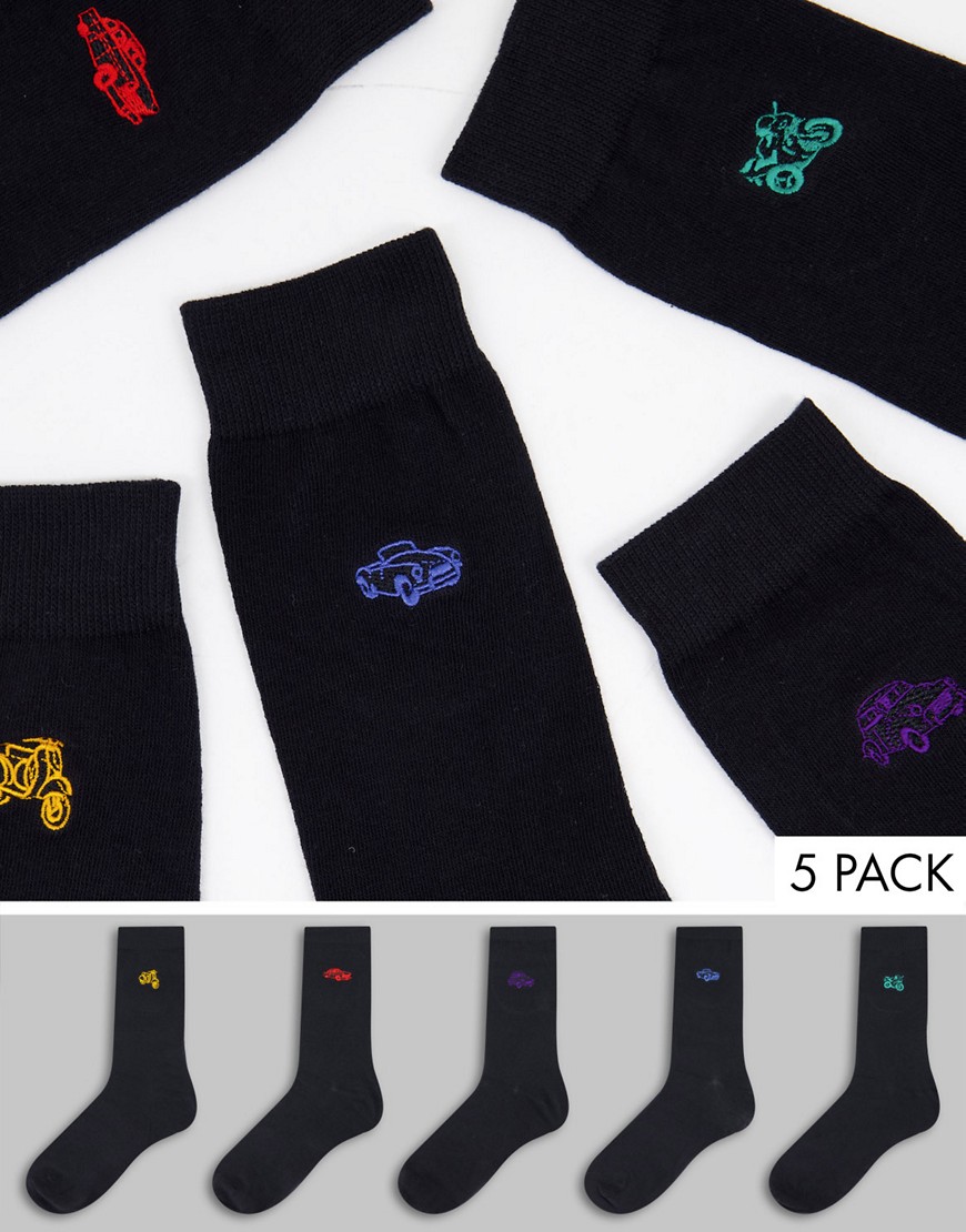 Brave Soul - Set van 5 paar sokken met geborduurde auto's in zwart