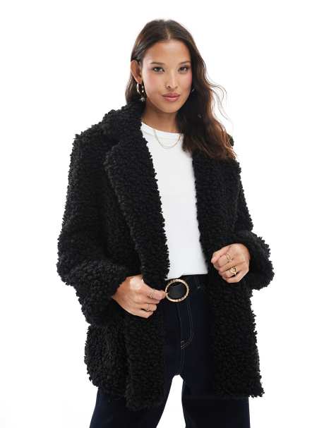 Brave Soul shaggy faux fur double breasted short coat in black - view 1