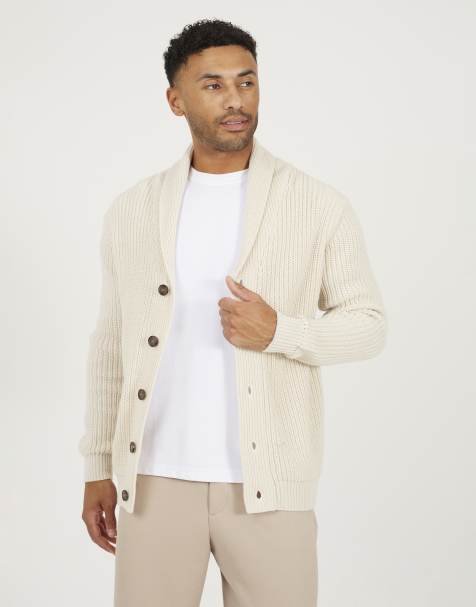 Brave Soul Shawl collar chunky knit cardigan in beige - view 1