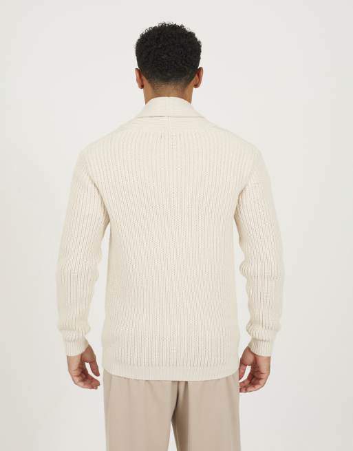 Brave Soul Shawl collar chunky knit cardigan in beige, 2 of 4