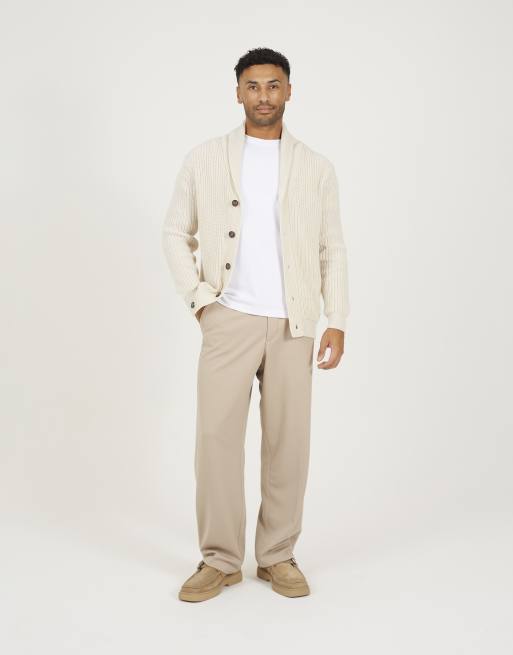 Brave Soul Shawl collar chunky knit cardigan in beige, 3 of 4
