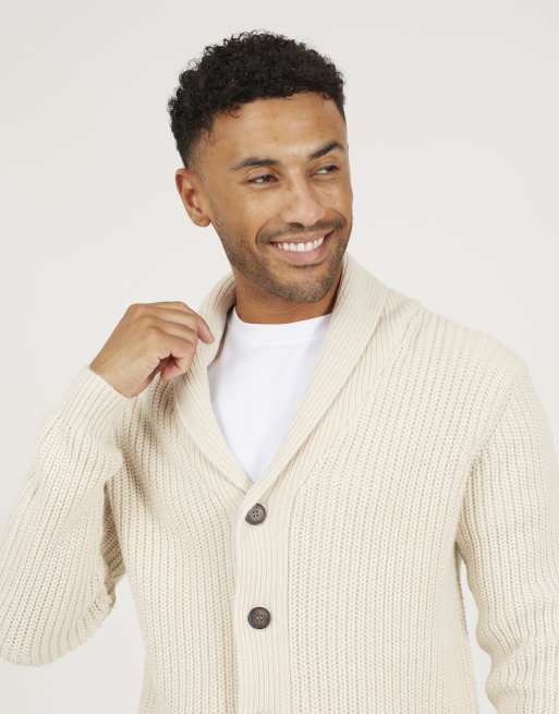 Brave Soul Shawl collar chunky knit cardigan in beige, 4 of 4
