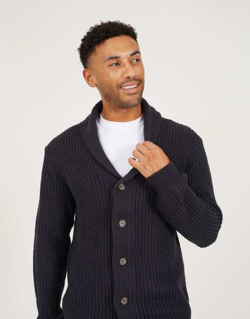 Brave Soul Shawl neck chunky knit cardigan in navy ASOS
