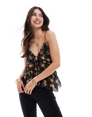 Brave Soul sheer frill singlet in black floral print