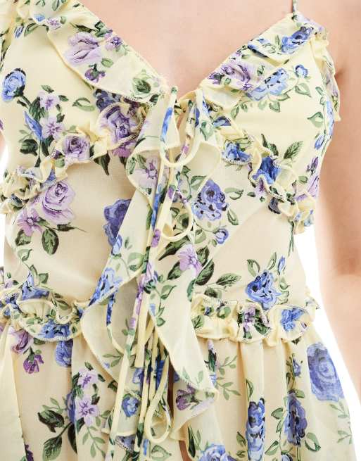 Brave Soul sheer frill vest in floral yellow print, 3 of 4