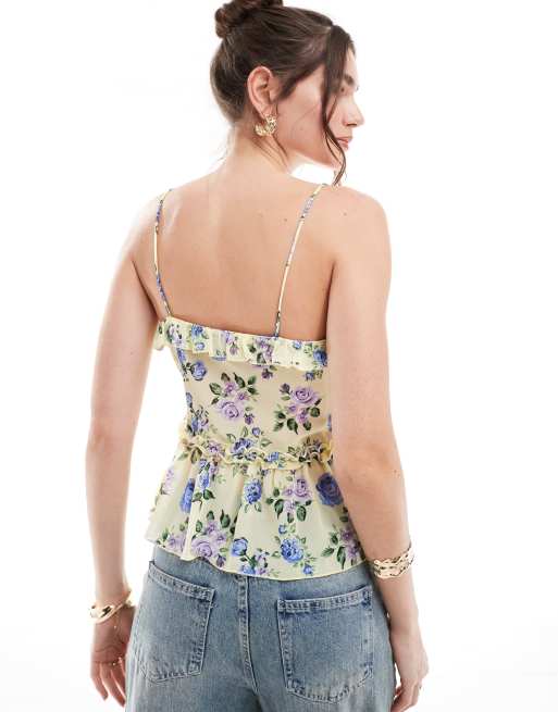 Brave Soul sheer frill vest in floral yellow print, 4 of 4