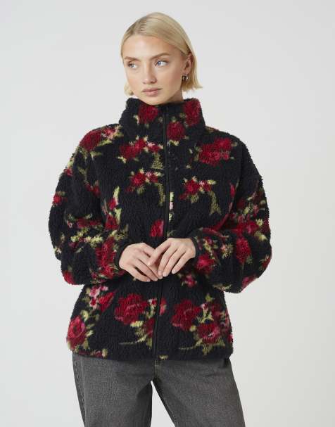 Brave Soul Sherpa fleece floral print zip sweatshirt in black - view 1