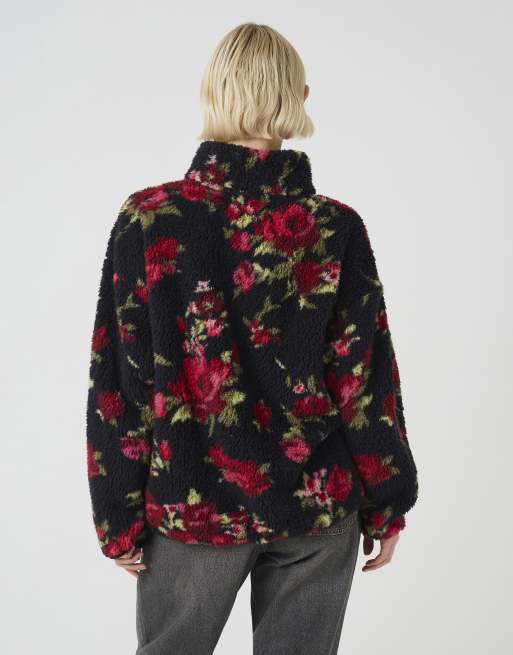 Brave Soul Sherpa fleece floral print zip sweatshirt in black, 2 of 4
