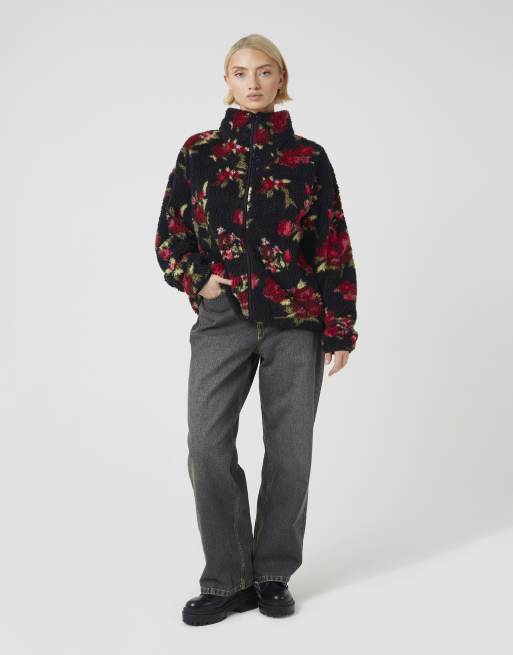 Brave Soul Sherpa fleece floral print zip sweatshirt in black, 3 of 4