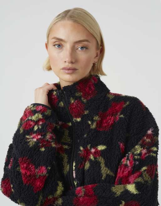 Brave Soul Sherpa fleece floral print zip sweatshirt in black, 4 of 4