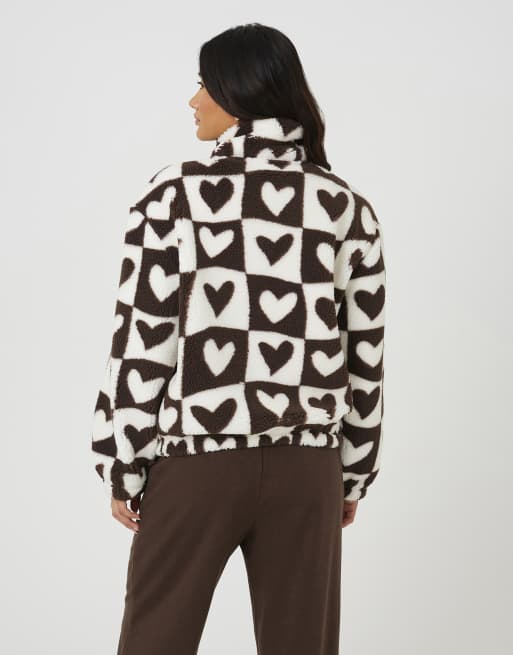 Brave Soul Sherpa fleece heart print sweatshirt in brown, 2 of 4