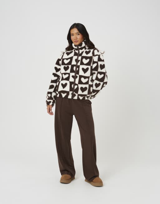 Brave Soul Sherpa fleece heart print sweatshirt in brown, 3 of 4