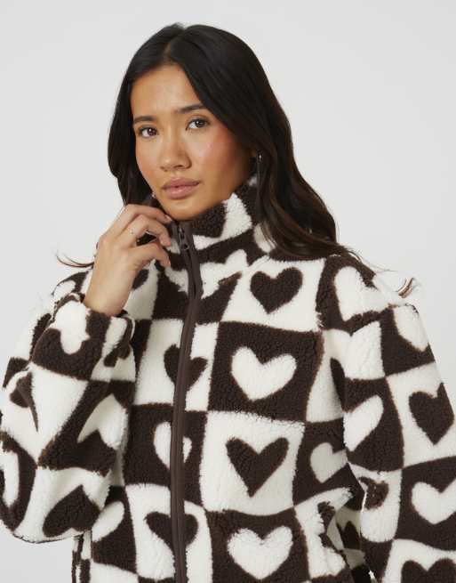 Brave Soul Sherpa fleece heart print sweatshirt in brown, 4 of 4