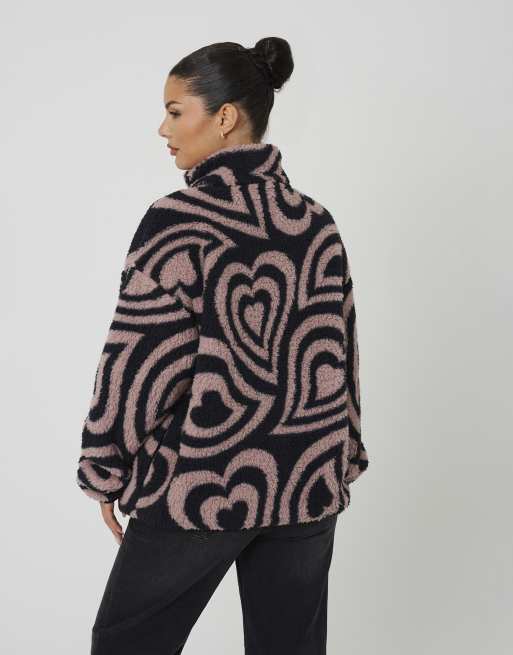Brave Soul Sherpa fleece heart print sweatshirt in pink, 2 of 4