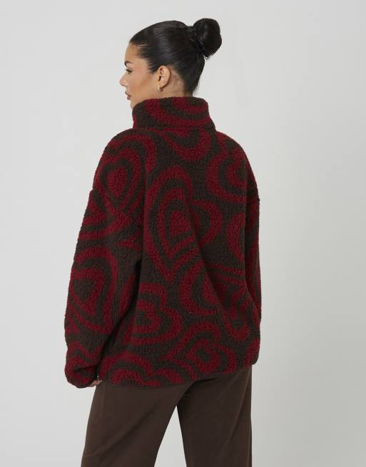 Brave Soul Sherpa fleece heart print sweatshirt in red, 2 of 4
