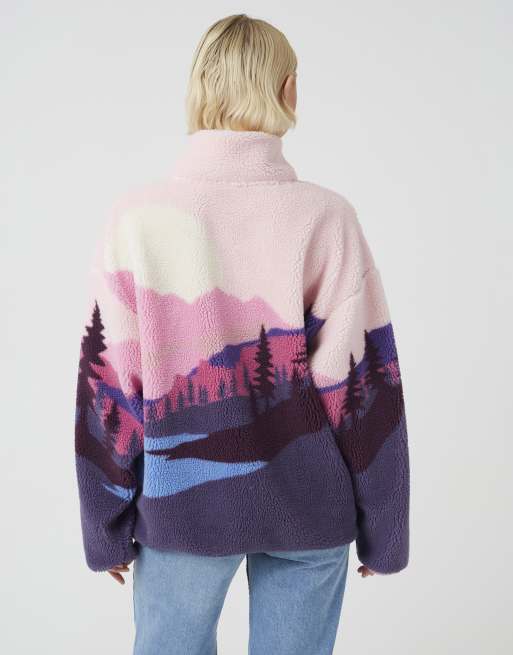Brave Soul Sherpa fleece landscape print zip sweatshirt in pink, 2 of 4