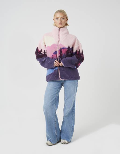 Brave Soul Sherpa fleece landscape print zip sweatshirt in pink, 3 of 4