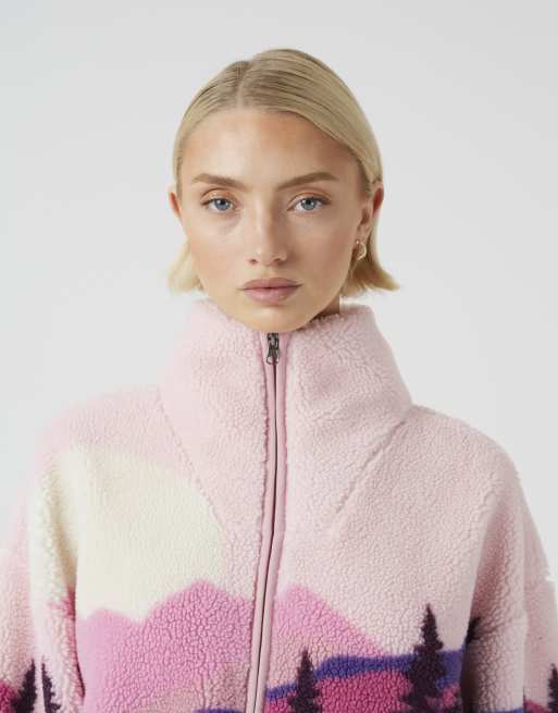 Brave Soul Sherpa fleece landscape print zip sweatshirt in pink, 4 of 4
