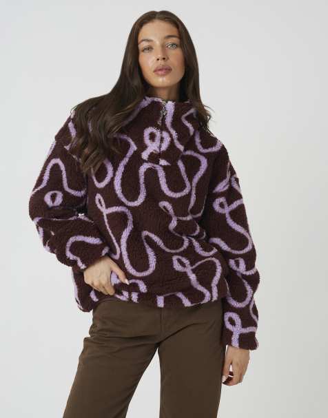 Brave Soul Sherpa fleece squiggle print sweatshirt in mauve - view 1