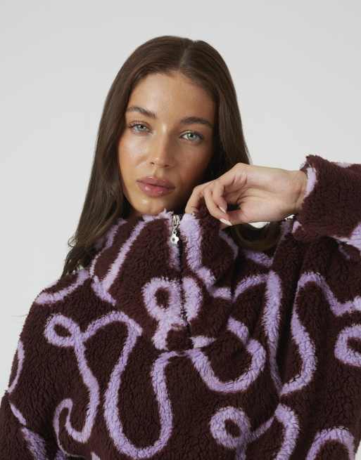 Brave Soul Sherpa fleece squiggle print sweatshirt in mauve, 4 of 4