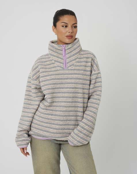 Brave Soul Sherpa fleece striped print sweatshirt in lilac - view 1