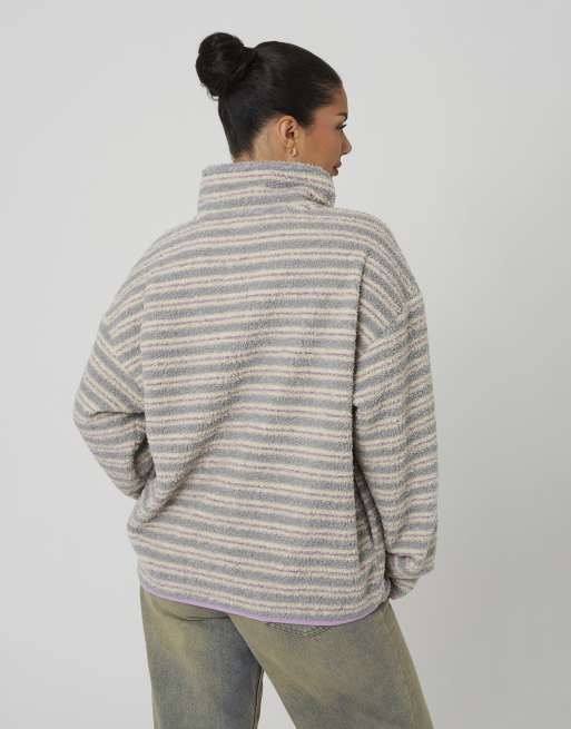 Brave Soul Sherpa fleece striped print sweatshirt in lilac, 2 of 4