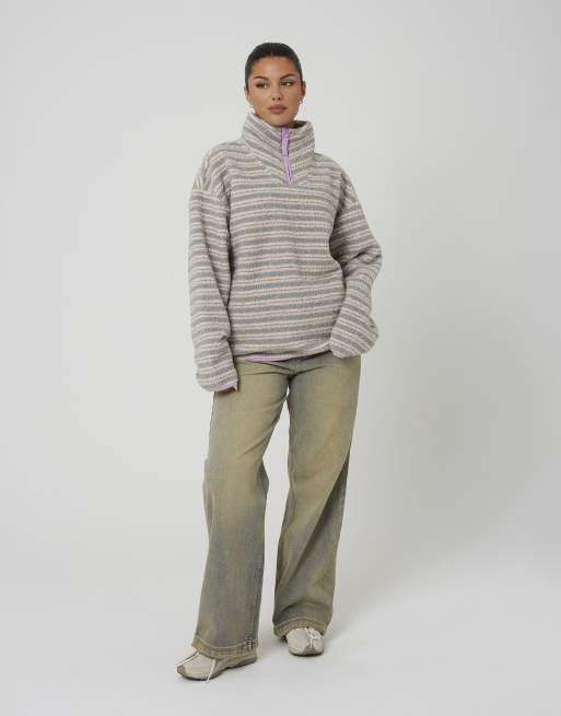 Brave Soul Sherpa fleece striped print sweatshirt in lilac, 3 of 4
