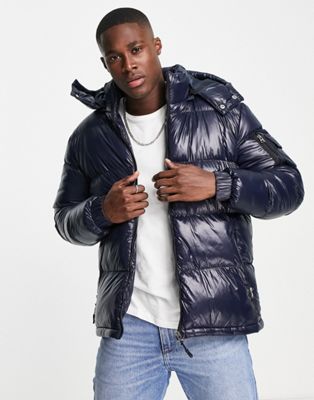 Brave Soul shiney puffer jacket with hood in navy - ASOS Price Checker