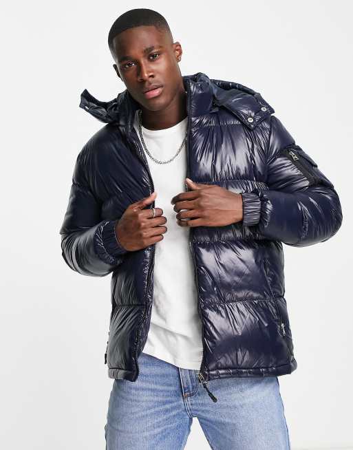 Brave Soul shiney puffer jacket with hood in navy