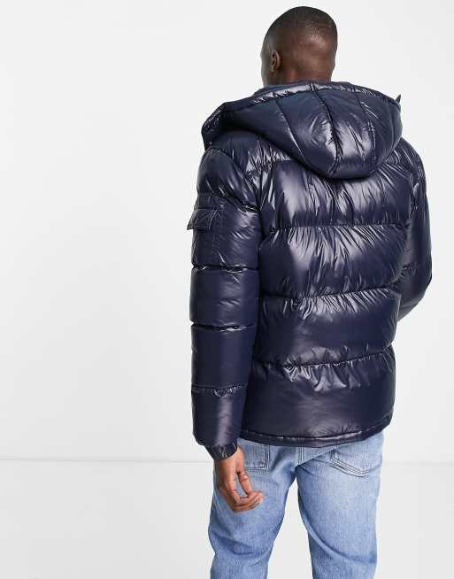 Brave Soul shiney puffer jacket with hood in navy