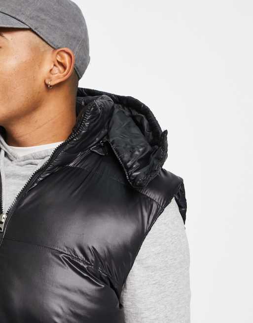 Brave Soul shiny puffer vest with hood in black, 3 of 4
