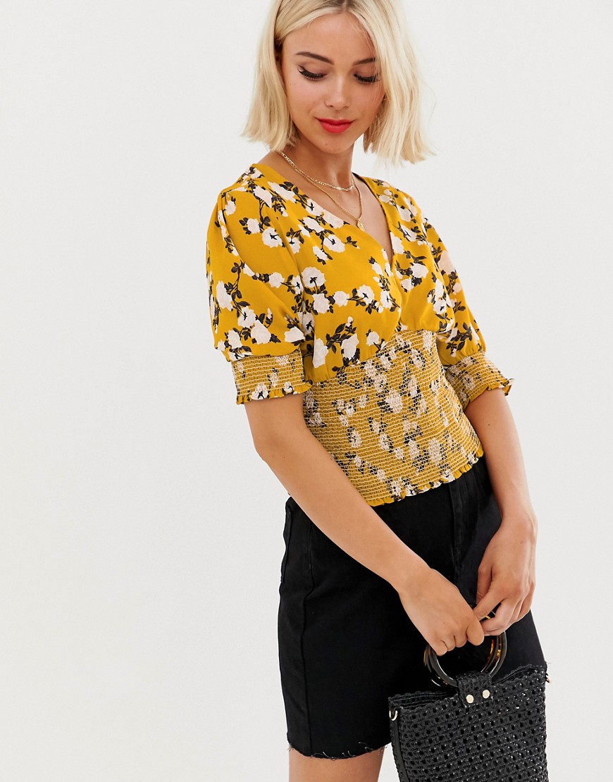 Brave Soul shirred detail top in floral print-Yellow