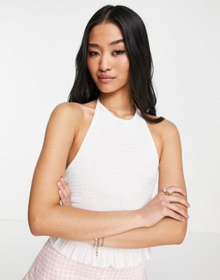 Brave Soul shirred halter crop top with frill hem in white