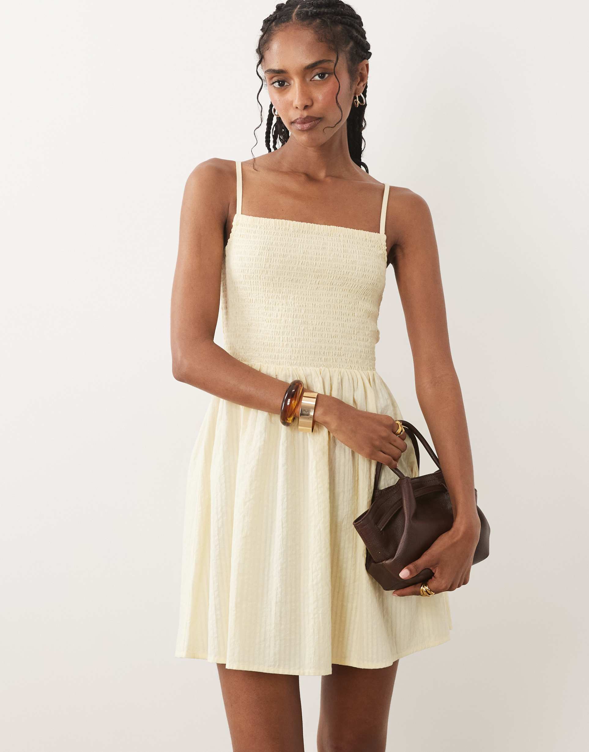 brave soul shirred mini sundress in buttermilk yellow