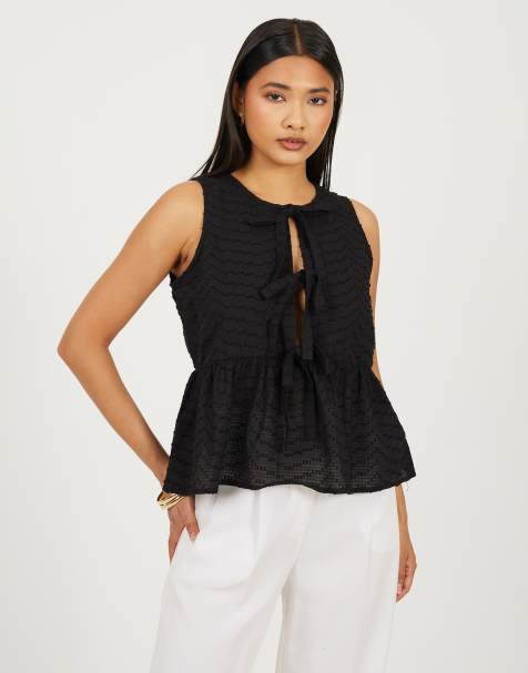 Brave Soul Shirred tie front vest in black - view 1