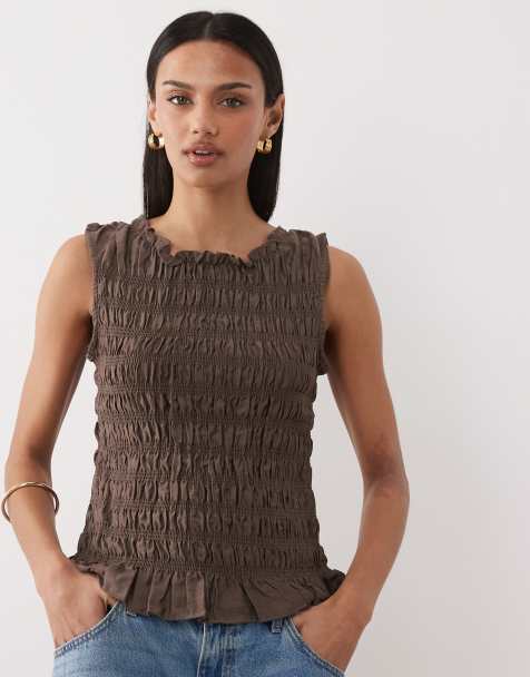 Brave Soul shirred top in chocolate brown with ruffle hem