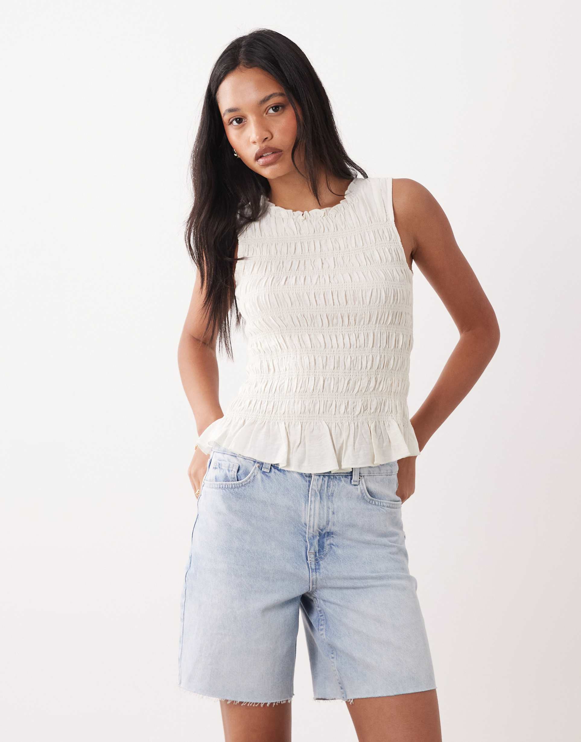 brave soul shirred top in off-white with ruffle hem