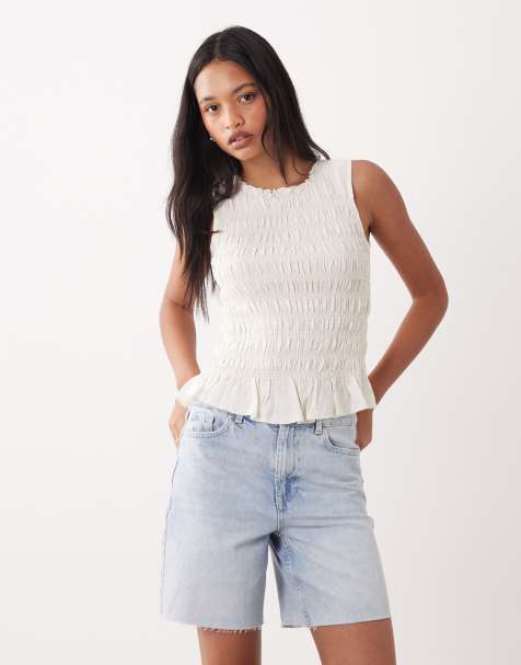 Brave Soul shirred top in off white with ruffle hem