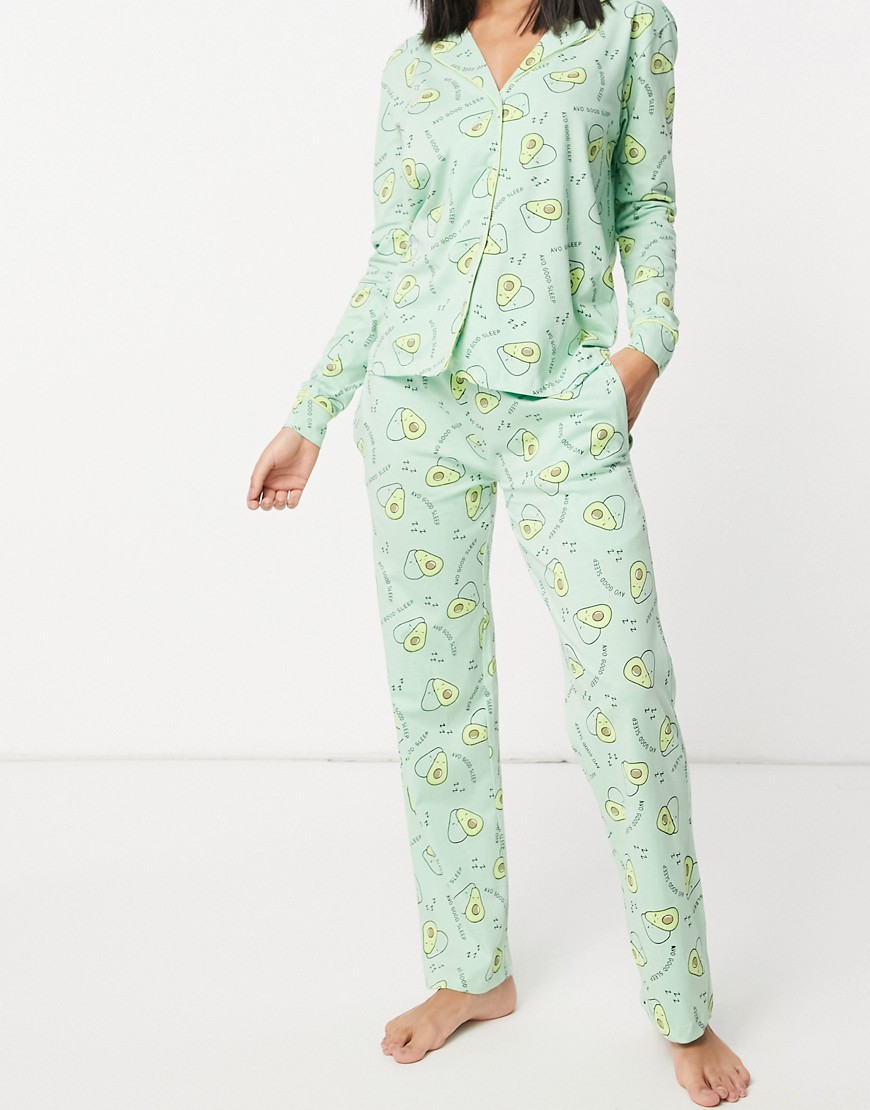 Brave Soul shirt and pants pajama set in avocado print-Green
