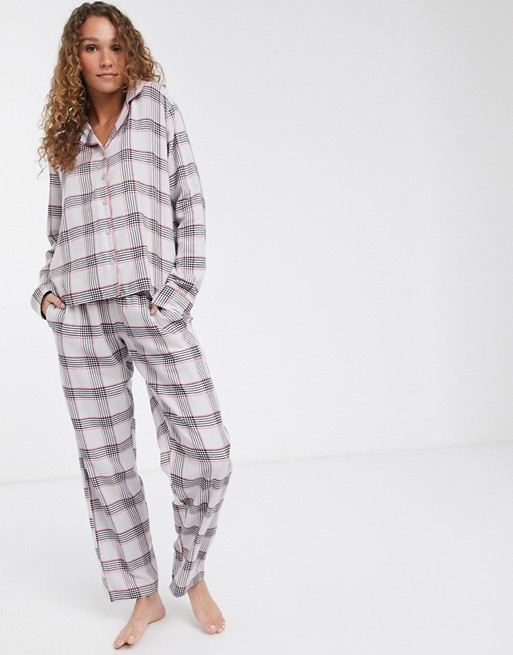 Brave Soul shirt and trouser pyjama set in grey and pink check